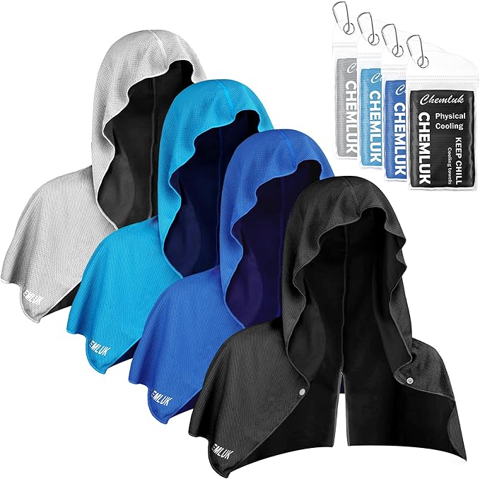 Cooling Hoodie Towel: Cooling Towels for Neck and Face Sun Protection Instant Cool for Hot Weather Hiking Camping Running Golf Gardening Fishing Music Festivals Theme Parks Beach - 4 Packs