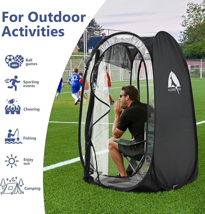 Sports Pod, Kilindeer Pop Up Weather Tent for 1 Person – Portable All-Weather Shelter with Clear TPU Panels, Instant Setup for Outdoor Events, Camping, Hiking, Wind & Rain Protection