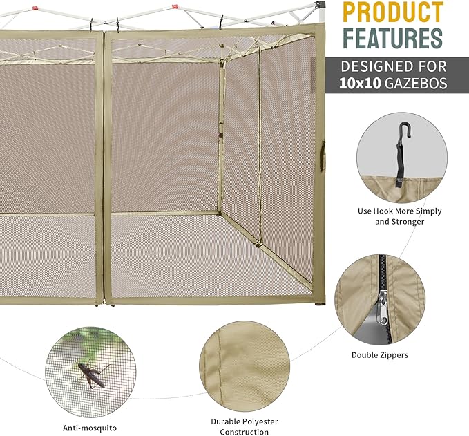 CROWN SHADES Gazebo Mosquito Net for 10 x 10 Pop Up Canopy - Patio Gazebo Mesh Sidewall with Zipper for Outdoor Tent, Garden and Backyard (4 Packs,Khaki)