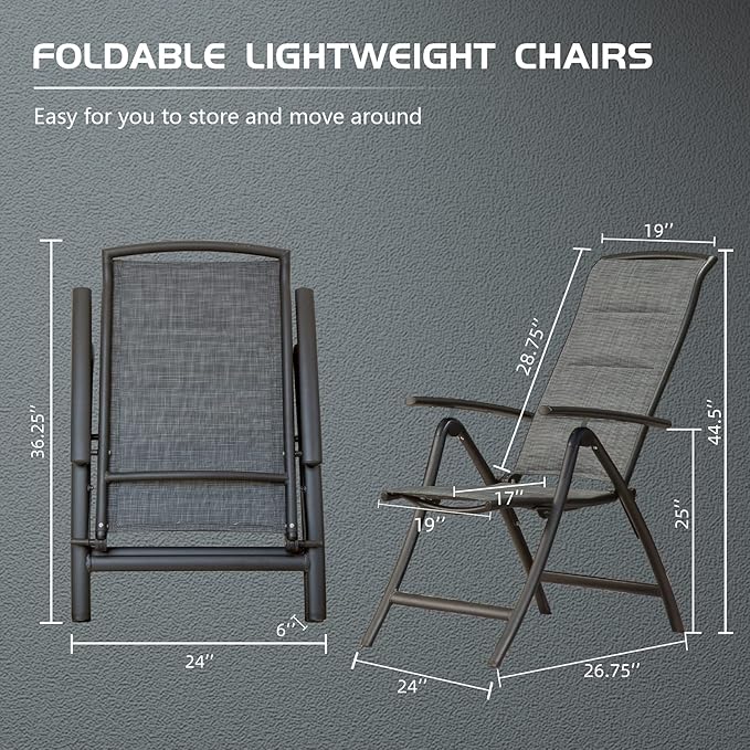Domi Patio Outdoor Sling Chairs Set of 2, Folding Outdoor Reclining Camping Padded Chairs with Armrest Adjustable High Backrest Portable