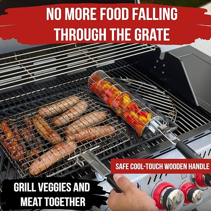 ROASTWURK's Bbq Grill Basket Set For Meat Fish Vegetables Stainless Steel 304 Barbecue Bbq Grilling Accessories Gifts For Men, Removable Wooden Handle Tool Shrimp Outdoor Cooking Camping Tailgating