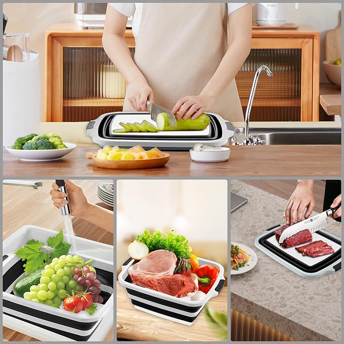 Collapsible BBQ Prep Tub with Cutting Board & Lid, Folding Food Container BPA-Free Heavy-Duty, Dishwasher Safe, Upgraded Drain Hole - for Camping, Grilling Outdoor Cooking (Black, XX-Large)