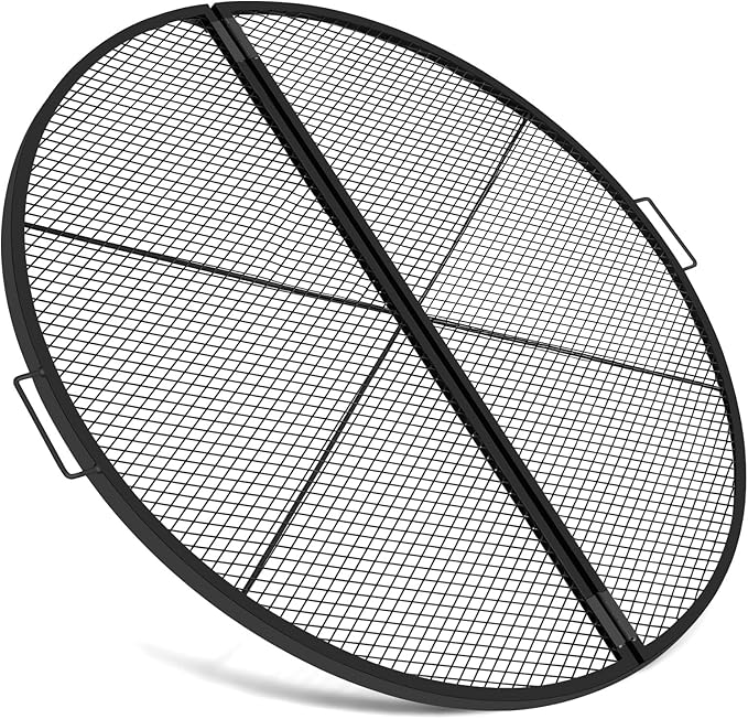 40 Inch X-Marks Fire Pit Grill Grate Round Foldable Fire Pit Cooking Grate Heavy Duty Steel Campfire BBQ Grill Grid with Handles for Outdoor Camping Cooking, Black