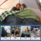 Double Sleeping Bag for Adults Machine Washable 2 Person Camping Sleeping Bag Queen Size Waterproof with Compression Sack for Cold Weather 3-4 Seasons