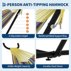 Double Hammocks with Stand for Outside, Portable Space Saving Heavy-Duty Steel Stand for Indoor Outdoor Patio with Carrying Bag, 450 lbs Capacity (Rainbow Stripes)