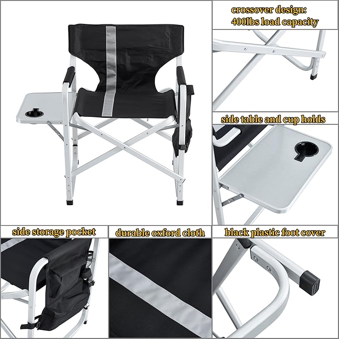 400LBS Heavy Duty Camping Director Chair - Lightweight Aluminum Frame with Foldable Side Table, 600D Oxford Seat & 3 Storage Pockets, Portable for Camping,Sports,Indoor/Outdoor Adults Use