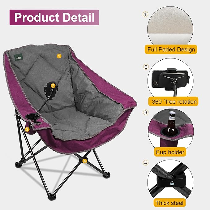 Northroad Oversized Foldable Camping Chair, Outdoor Padded Lawn Chair w/Cup Holder,Carry Bag for Beach, Hiking, and Picnics,Heavy-Duty 300-lbs Capacity, Purple