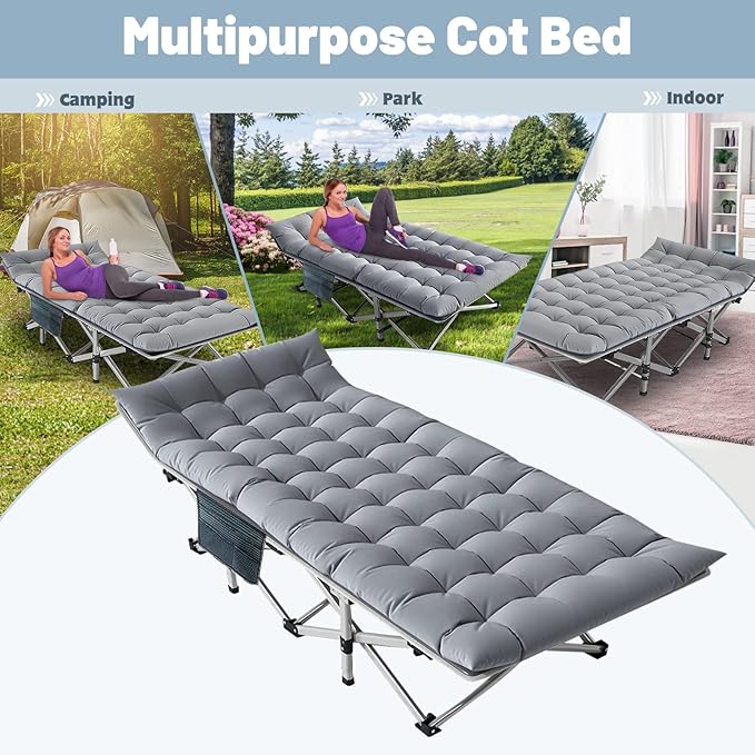 Slsy Oversized XXL Folding Camping Cot for Adults with Pad, Padded Portable Sleeping Cots, Camp Bed with Carry Bag for Outdoor Travel, Beach, Hiking