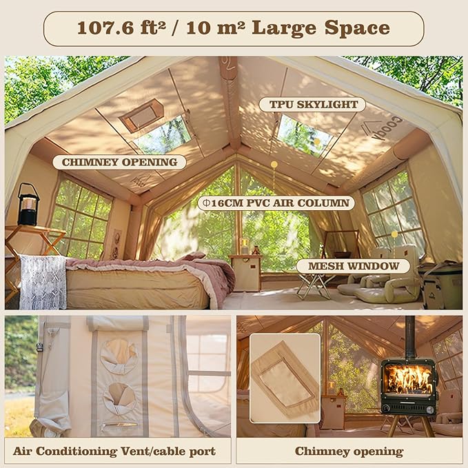 Coody Inflatable Canvas Camping Tents with Stove Jack – Premium Air Beam Family Glamping Tent, Breathable Cotton Canvas, Fast Setup Air Tent with Pump