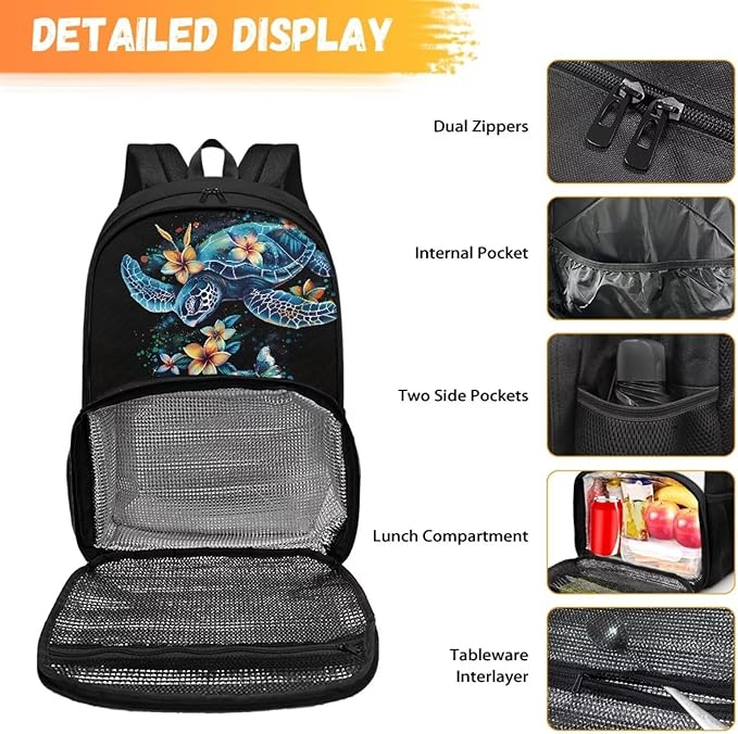 Sea Turle Flower Kids Lightweight Shoulder Backpack 17 Inch Travel Laptop Insulated Cooler Bag Box Stain-resistant Unisex Large Capacity Casual Backpack Meal Bag Lunchbox