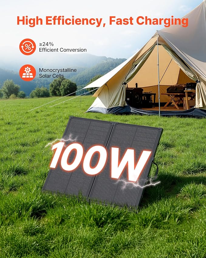 VEVOR 100W Foldable Solar Panel with Frame, 16BB N-Type Portable Monocrystalline Solar Panel Charger 24% Efficiency, IP67 Waterproof with 30A PWM Controller & MC4 Output for Camping, Hiking, RV Trips