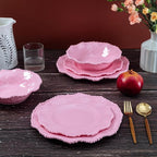 Pink Dishes Melamine Dinnerware Sets, 18 Piece Kitchen Plates and Bowls tableware Set, Lightweight, BPA free Beaded Serving Dishes for Girls, Valentine's Day, Mother's Day. Service for 6.