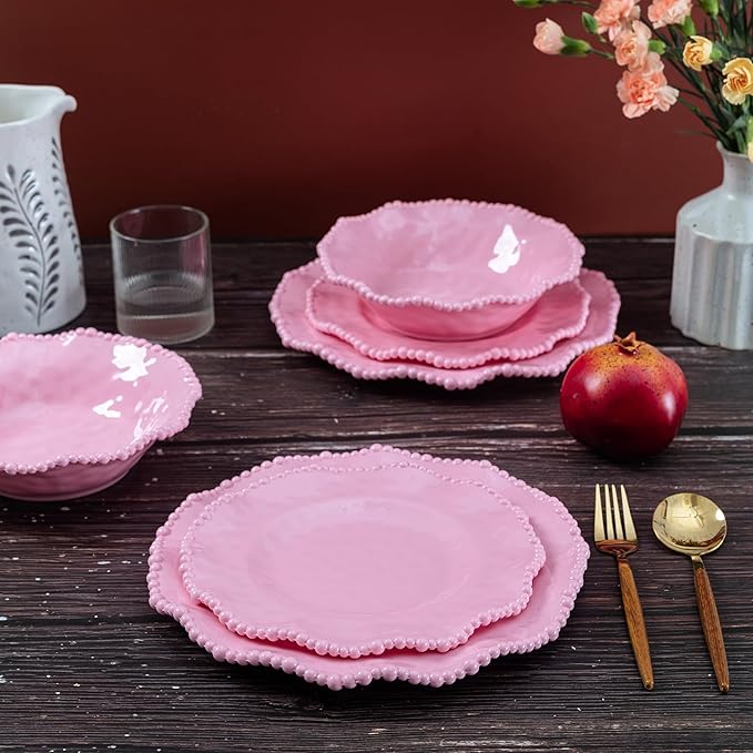 Pink Dishes Melamine Dinnerware Sets, 18 Piece Kitchen Plates and Bowls tableware Set, Lightweight, BPA free Beaded Serving Dishes for Girls, Valentine's Day, Mother's Day. Service for 6.