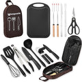 Camping Essentials Cookware Cooking Utensils Set - Portable Camp Kitchen Mess Kit Outdoor Accessories, Stainless Steel & Silicone, Camping Gear Equipment for RV Picnic Grill, Brown