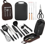 Camping Essentials Cookware Cooking Utensils Set - Portable Camp Kitchen Mess Kit Outdoor Accessories, Stainless Steel & Silicone, Camping Gear Equipment for RV Picnic Grill, Brown