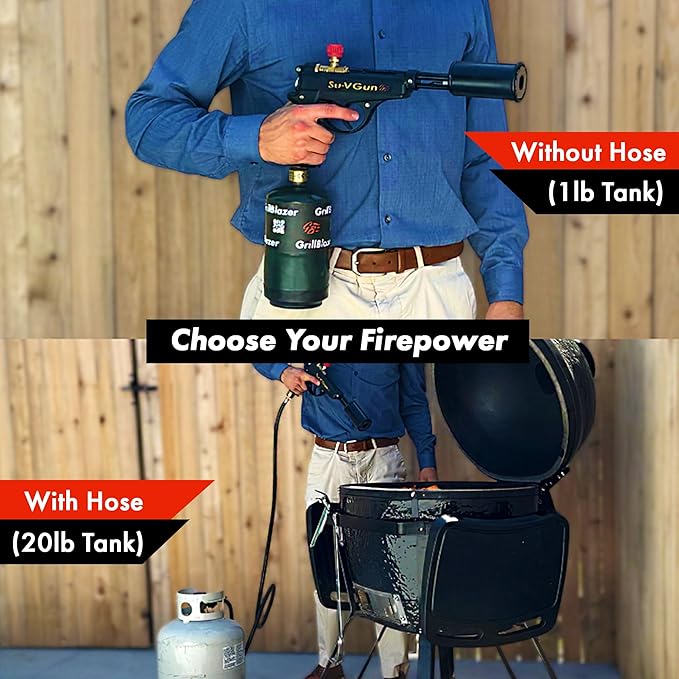 Grillblazer Su-VGun Propane Torch with Hose – High Power 240,000+ BTU Flame Thrower Gun for Instant, Steak Searing, Charcoal Ignition, Backyard BBQ, Campfire, Outdoor Cooking – Handheld Blowtorch