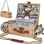 Picnic Basket for 2 with Blanket, Willow Picnic Basket Set with Shoulder Strap&Wine Pouch, Large Willow Hamper with Insulated Cooler for Outdoor, Camping, Beach, Couples, Wedding Gift