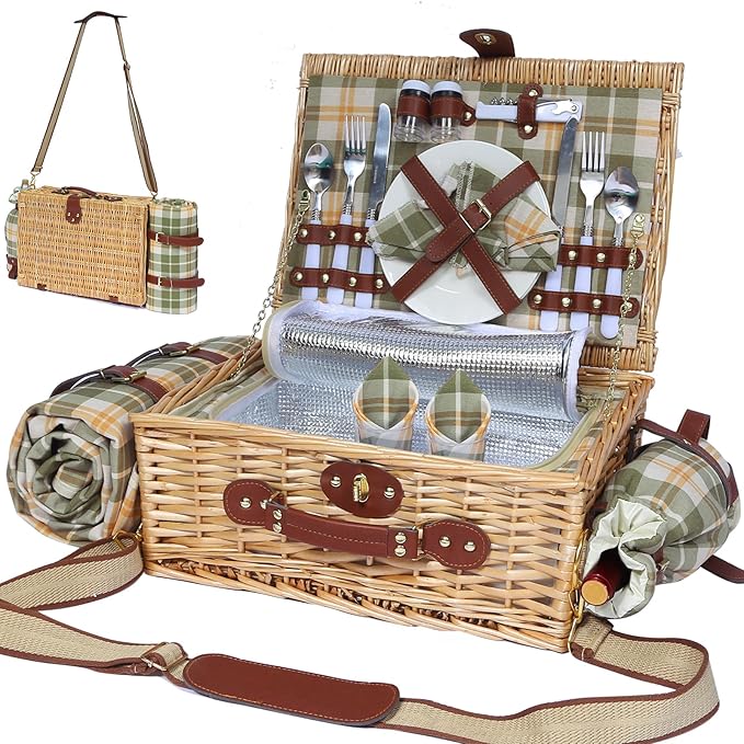 Picnic Basket for 2 with Blanket, Willow Picnic Basket Set with Shoulder Strap&Wine Pouch, Large Willow Hamper with Insulated Cooler for Outdoor, Camping, Beach, Couples, Wedding Gift