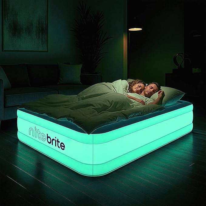 AirCandy Nite Brite Queen Inflatable Air Mattress with LED Lights – 15” Raised Blow Up Bed, USB Powered Color-Changing Glow, Flocked Top, Indoor Guest & Sleepover Bed