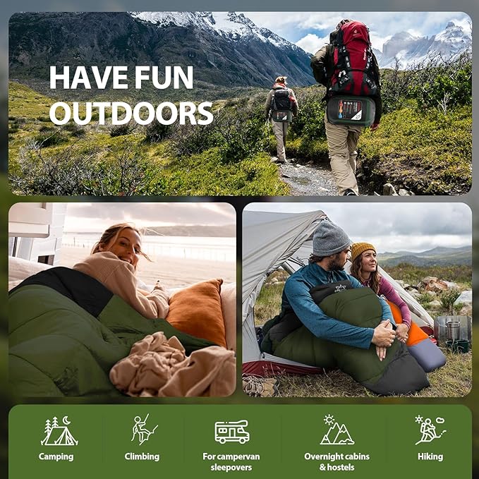 Single Sleeping Bag for Adults Kids 3-Season, Lightweight Waterproof Ripstop, Dual Zipper Bottom Vent, Compression Sack, Portable Camping Hiking Backpacking Gear