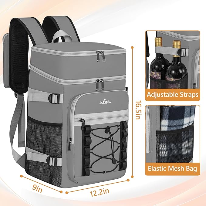 Cooler Backpack, 40 Cans Insulated Lunch Backpack Picnic Backpack for Men&Women, Durable Cooler Bag with 2 Leak Proof Compartments for Picnic, BBQ Camping, Lunch, Beach, Hiking, Gray