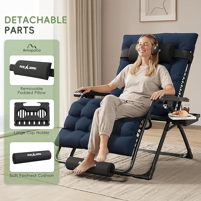Amopatio Oversized Zero Gravity Chair, 33''W Reclining Camping Lounge Chair Upgraded Lock and Footrest, Folding Patio Recliner with Cup Holder, Removable Cushion & Headrest