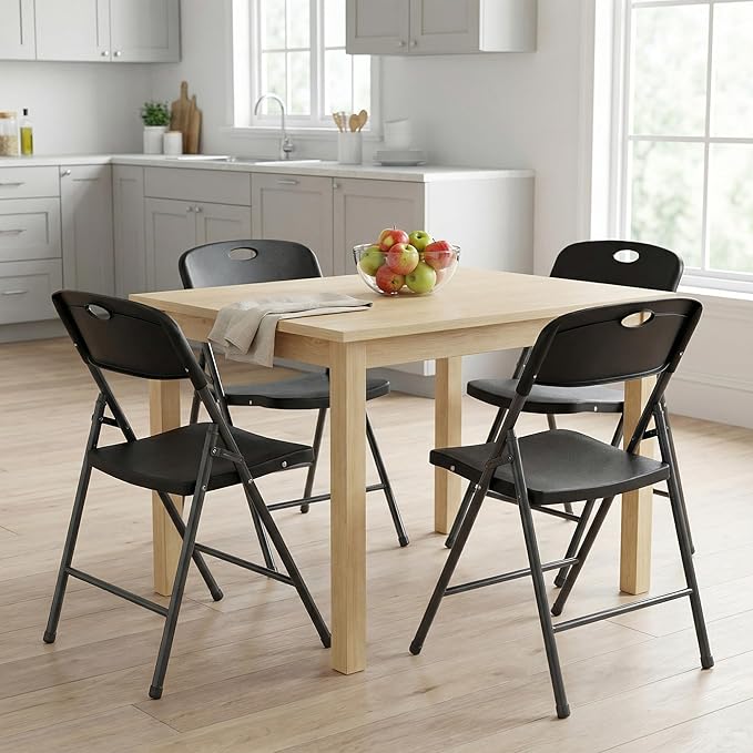 DUMOS 4 Pack Folding Chairs Heavy Duty with Ergonomic Back - Plastic Stackable Portable Dining Chiars Set, for Home and Office, Conference, Wedding, Party, Patio, Garden, for Indoor Outdoor, Black