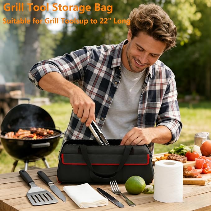 Grill Tool Storage Bag,Grill Utensil Storage Bag for Barbecue Tool up to 22",BBQ Utensil Storage Caddy with Pockets,Barbecue Utensil Case for Outdoor Grilling, Camping, Bag Only