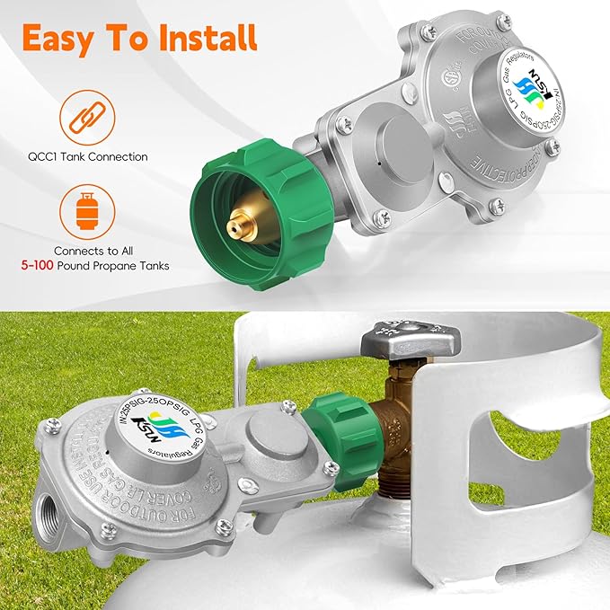 GasSaf 2 Stage Propane Regulator, QCC 1 and 3/8" Female NPT Connection for RV, Generator, Camp Stove, Gas Grill, Heater - No Propane Hose