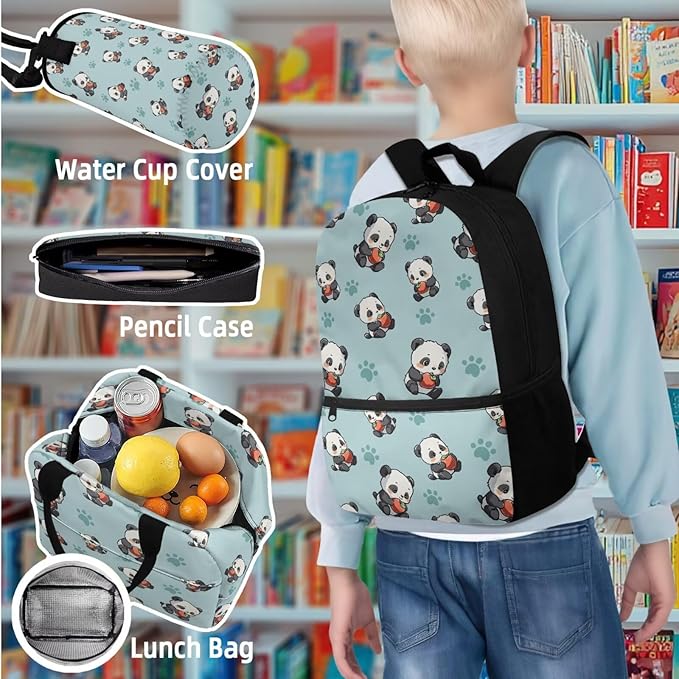 Panda School Backpack with Lunch Box and Water Bottle Bag Pencil Case Large Capacity Travel Backpacks for Kids Kindergarten Elementary Middle Lightweight Camping Travel