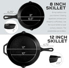 Cast Iron Skillet Set - 8" + 12"-Inch Frying Pan - Pre-Seasoned Oven Safe Cookware + 2 Heat-Resistant Handle Holder Grips - Indoor/Outdoor Use - Grill, Stovetop, Induction Safe. PFAS and PFOA-free