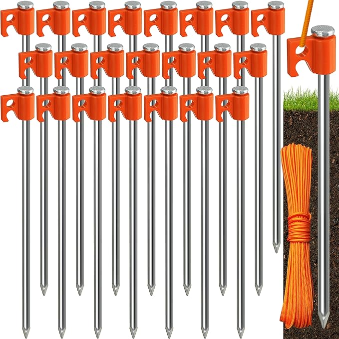 Tradesparker Tent Stakes 22-Pack 8Inch Heavy Duty Garden Stakes Canopy Anchors - Includes Ropes for Camping Tents, Pop Up Canopies and Outdoor Events, Orange