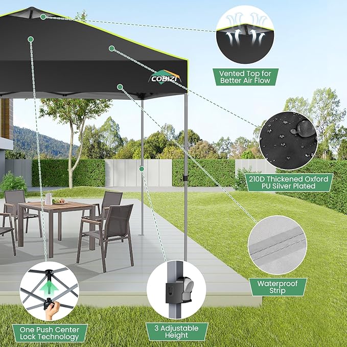 COBIZI 10x10 Pop Up Canopy One Push Party Tent with Air Vent Waterproof Commercial Outdoor Patio Gazebo for Parties Camping Shade Events Garden, 3 Adjustable Height, Carry Bag, Sandbag, Stakes, Black
