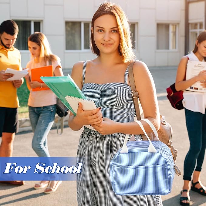 Lunch Bag For Women, Cooler Insulated Lunch Box For Travel Work Picnic College School Adult Large Capacity Lunch Bags, Blue Stripe
