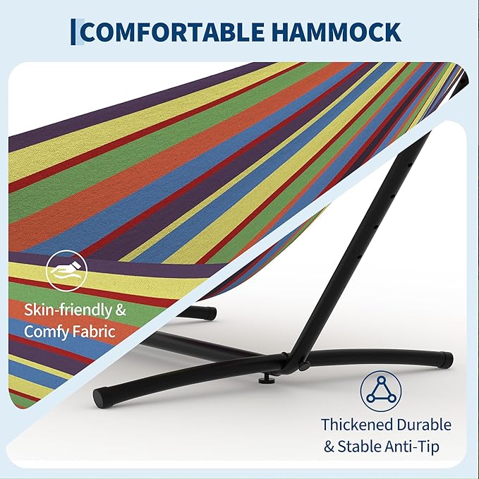 Double Hammocks with Stand for Outside, Portable Space Saving Heavy-Duty Steel Stand for Indoor Outdoor Patio with Carrying Bag, 450 lbs Capacity (Rainbow Stripes)