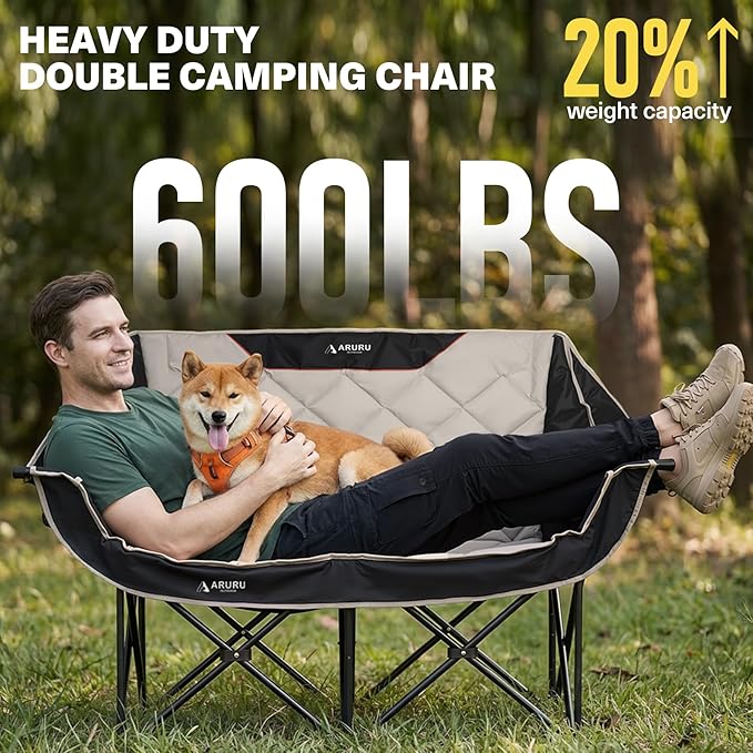 Double Camping Chair, Padded Oversized Camping Loveseat for Adults 2 Person Couch Two Seat Support 600LBS Heavy Duty Folding Camp Lawns Chairs for Outdoor Beach Backyard Tailgating Sports