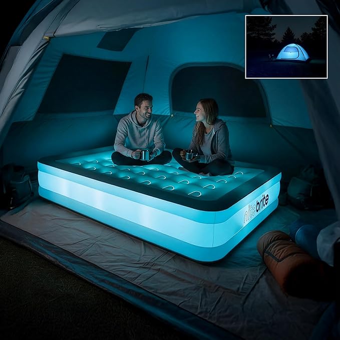 AirCandy Nite Brite Queen Inflatable Air Mattress with LED Lights – 15” Raised Blow Up Bed, USB Powered Color-Changing Glow, Flocked Top, Indoor Guest & Sleepover Bed
