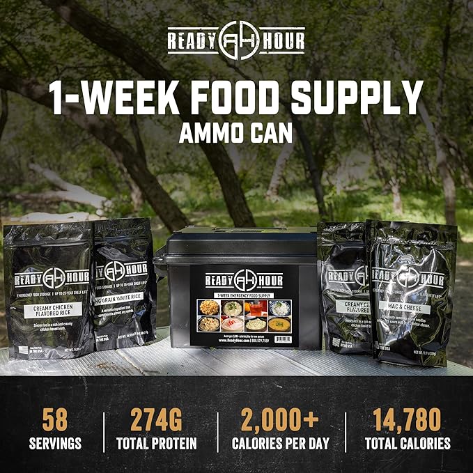 Ready Hour 1-Week Food Supply Ammo Can (58 Servings), Emergency Storage Rations, Prepper Kit, Survival Food, Freeze-Dried, 25-Year Shelf Life, Flood-Safe Container
