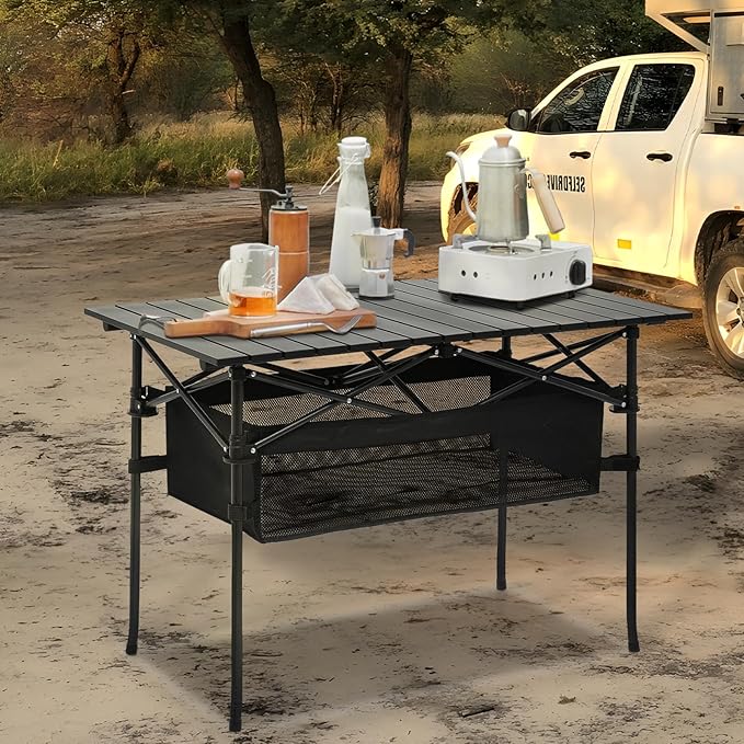 Magshion 37" Folding Camping Table with Large Storage Basket & with Carry Bag, Aluminum Picnic Table for Indoor Outdoor Camping Backyard BBQ Use, Black