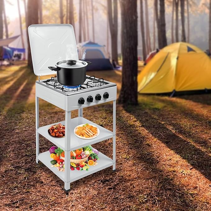 4 Burner Gas Stove Portable Outdoor Stove with Removable Storage Stand for Camping Picnic Home RV Cooking