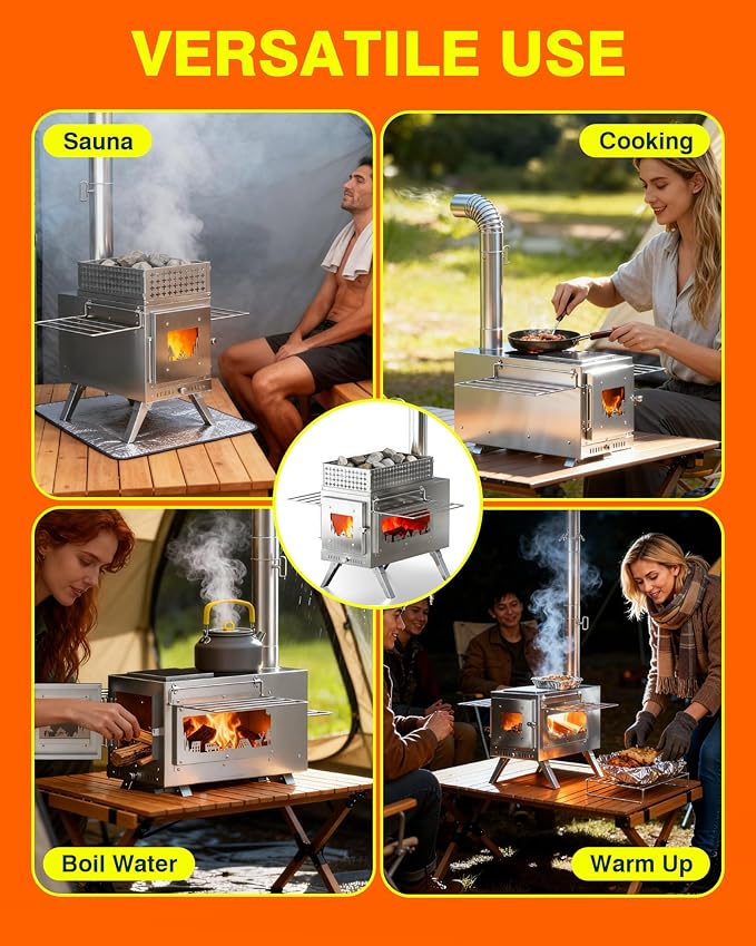 PYY Sauna Wood Stove - Upgraded Side-Window Sauna Stove Wood Burning For Outdoor, 2-In-1 Foldable Portable Sauna Stoves For Camping Tent, Dual Damper, Chimney Pipes, Stone Basket, For Sauna, Cooking