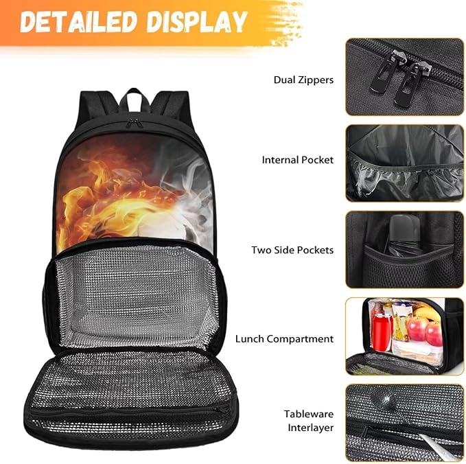 Lunch Backpack for Women Men Work, 17 Inch Insulated Cooler Backpack with Lunch Compartment All In One Meal Bag, Boys School Daypack Bookbag for Travel Casual Office, Fire Flame Soccer