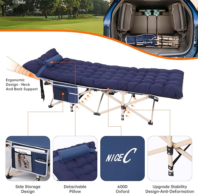 Nice C Heated Cot with Battery, Heated Camping Cots with Cushion, Folding Cots with Mattress for Adults, with Pillow, Carry Bag & Storage Pocket, Extra Wide Sturdy, Holds Up to 500 Lbs (1 Pack Navy)