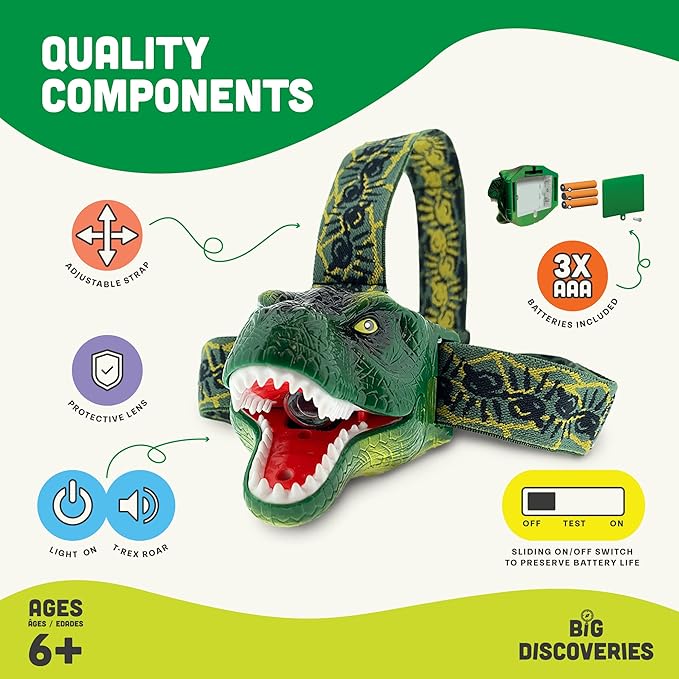 Big Discoveries Original DinoBryte LED Headlamp Roaring T-Rex Dinosaur Head Lamp for Kids | Dino Toy Headlight Flashlight for Boys, Girls, or Adults