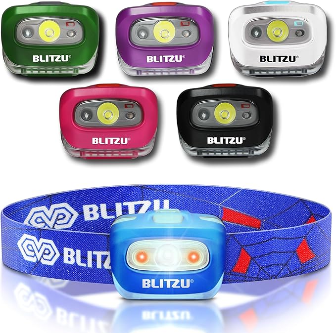 BLITZU Hands-Free Headlamp, Blue, 165 Lumen, Adjustable Light Modes, Battery Powered, Waterproof, Impact Resistant