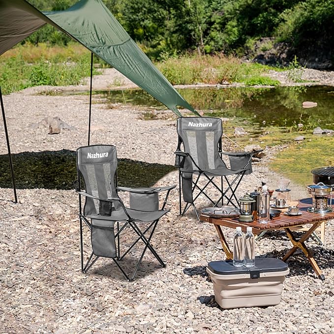 Nazhura 2 Pack Outdoor Camping Chairs Folding/Foldable/Portable with Cooler Pouch, Mesh Backrest and Cup Holder Pocket(Grey, 2 Pack)