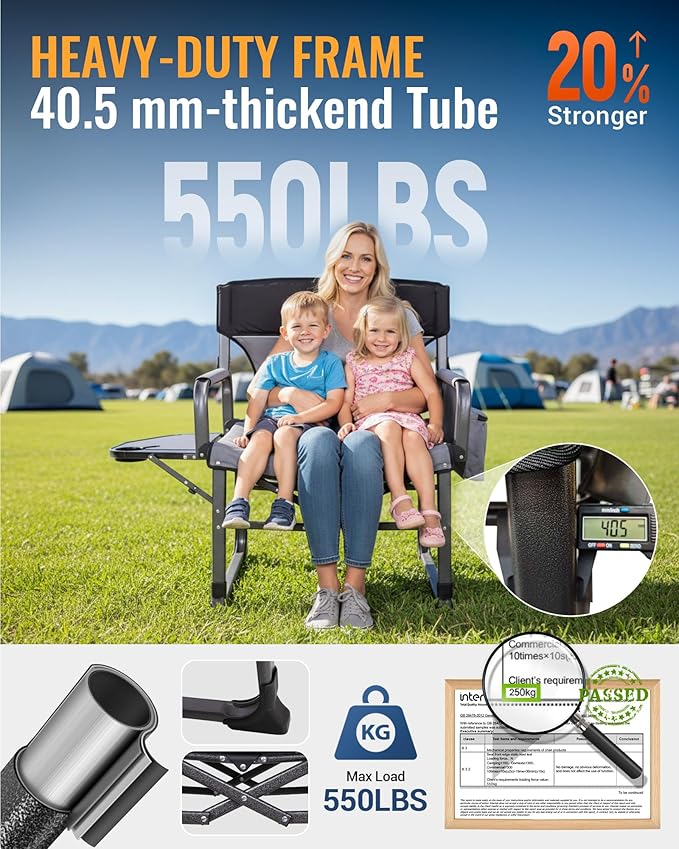KingCamp XXL Heavy Duty Camping Directors Chair 550lbs Capacity, Extra Wide Oversized Camp Chairs with Side Table & Cooler Bag, Compact Padded Folding Chair for Big and Tall Outdoor Sports Picnic Lawn