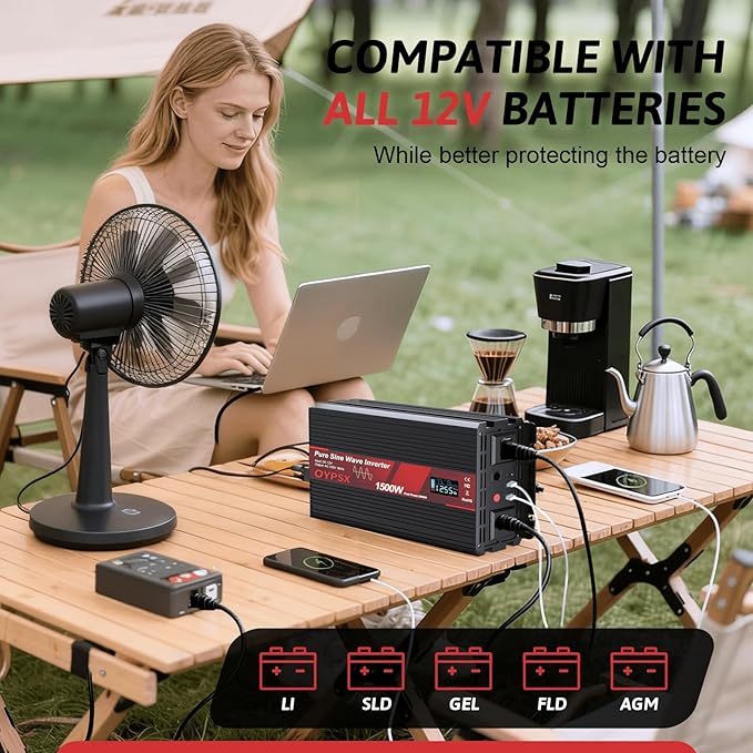1500W Power Inverter 12V to 110V 120V AC Pure Sine Wave Inverter for RV Truck Camping,Outdoor Off-Grid Power Converter with LCD Display,Wired Controller,AC Outlets USB Ports (12V-1500Watt)