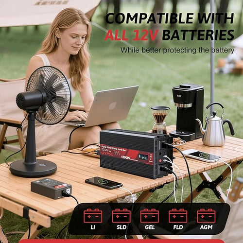 1500W Power Inverter 12V to 110V 120V AC Pure Sine Wave Inverter for RV Truck Camping,Outdoor Off-Grid Power Converter with LCD Display,Wired Controller,AC Outlets USB Ports (12V-1500Watt)