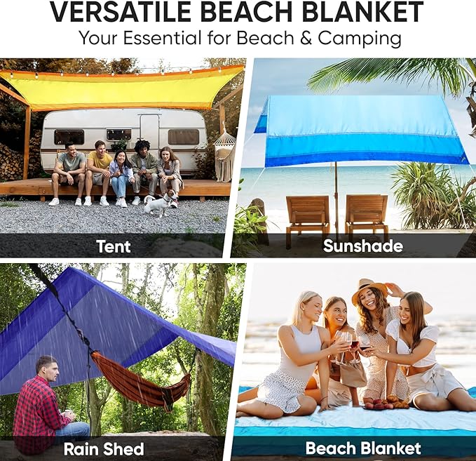 PTEROMY Beach Blanket Waterproof Sandproof, 108" X 120" Extra Large Beach Mat with Storage Bag, Quick Drying Lightweight, 6 Stakes, Accessories for Picnic, Travel (9x10 FT, Blue)